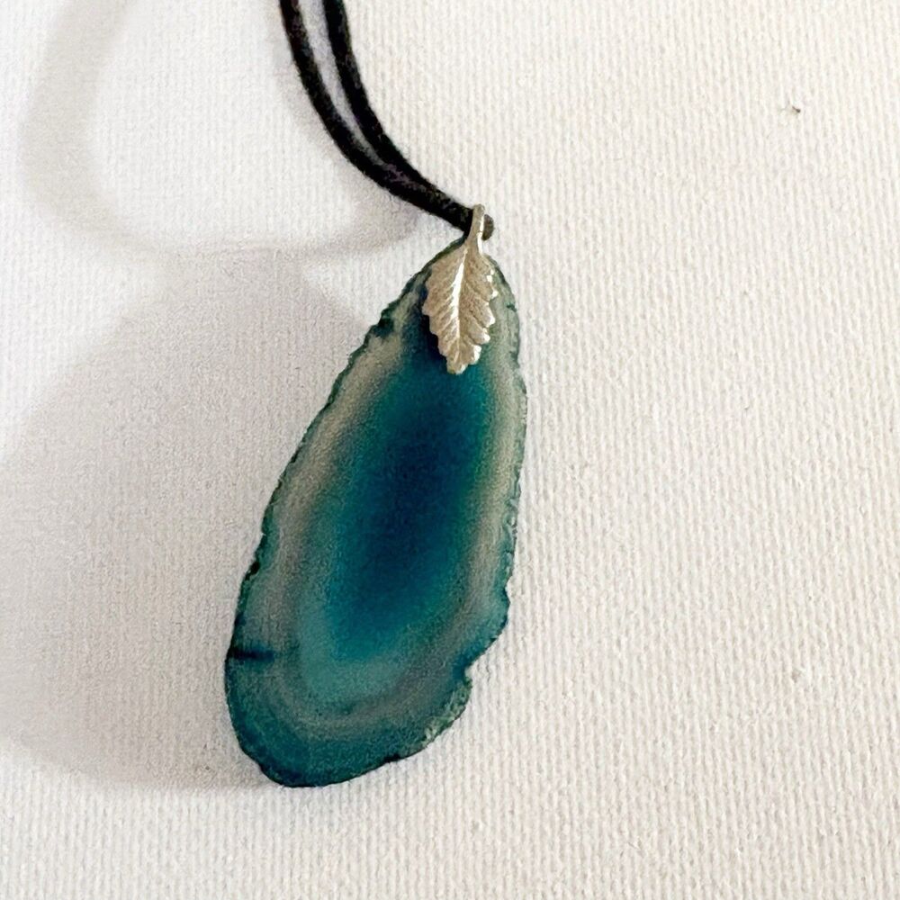 Teal Agate Geode Slice Pendant Necklace Black Leather Adjustable Cord 24”